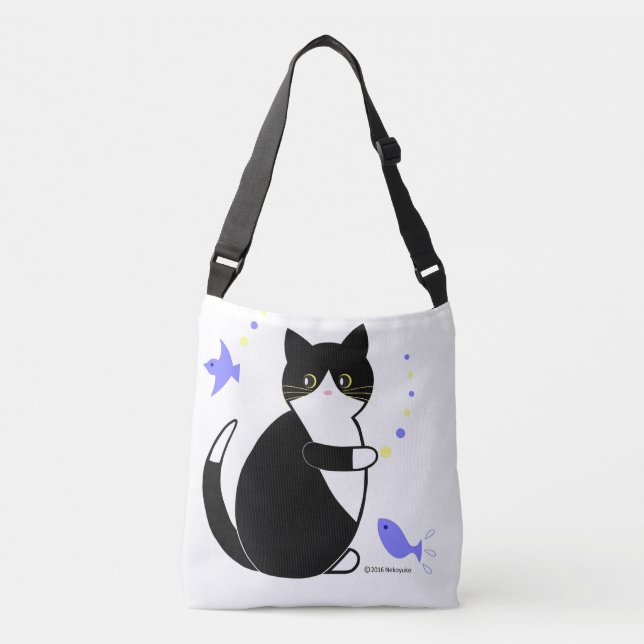 Black & White Cat, Tuxedo Cat Crossbody Bag (Front)