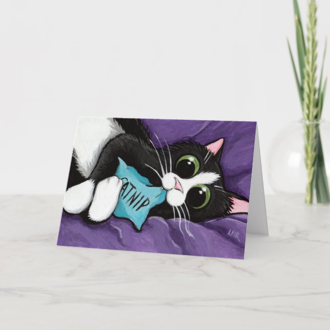 Black & White Cat with Catnip Pillow - Cat Art Card (Front)