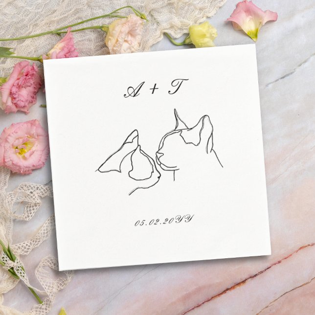Black White Cats Doodle Couple Wedding Monogram Napkin (Creator Uploaded)