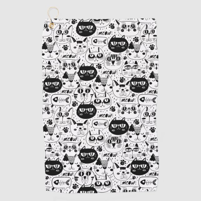 Black white cats faces pattern golf towel (Front)