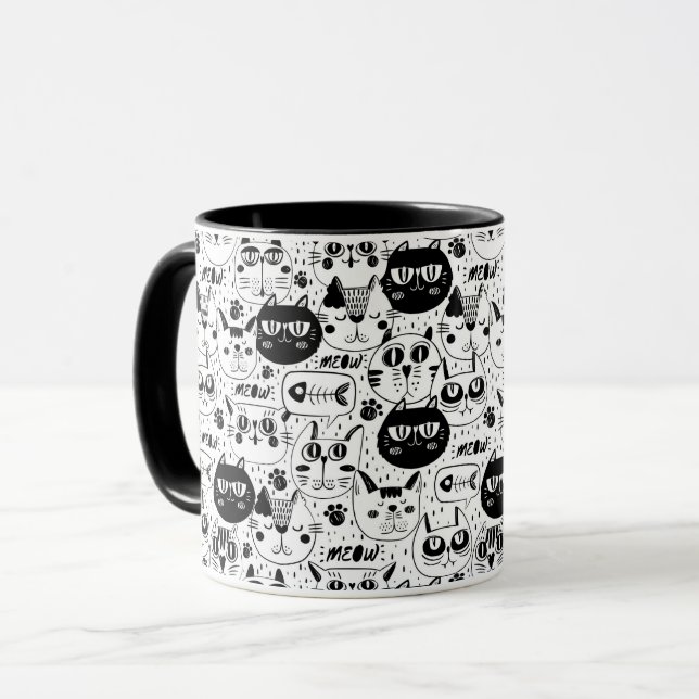 Black white cats faces pattern mug (Front Left)