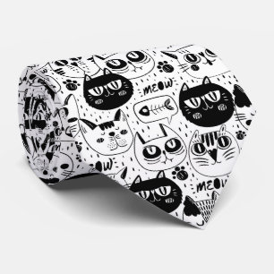 Black white cats faces pattern tie
