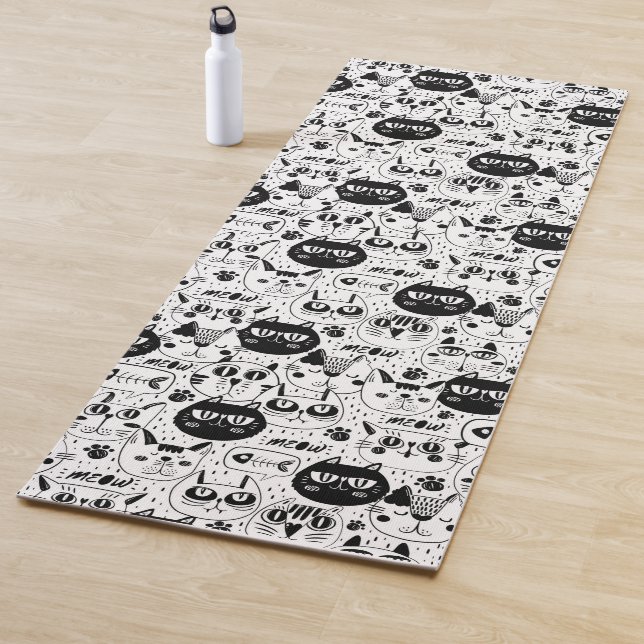 Black white cats faces pattern yoga mat (In Situ)