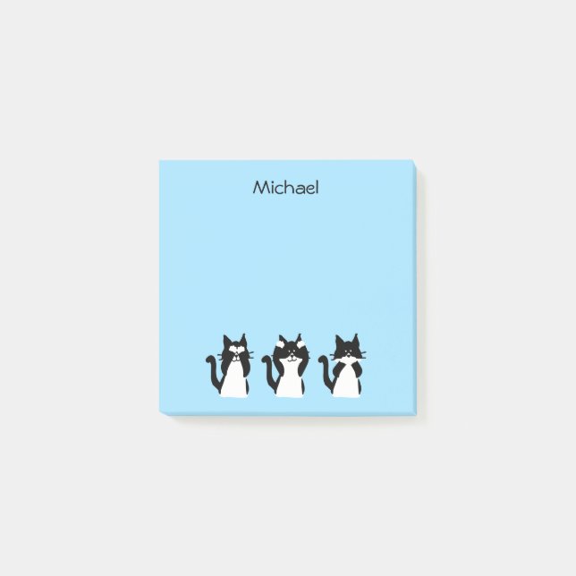 Black White Cats Three Wise Kitties Blue Post-it Notes (Front)