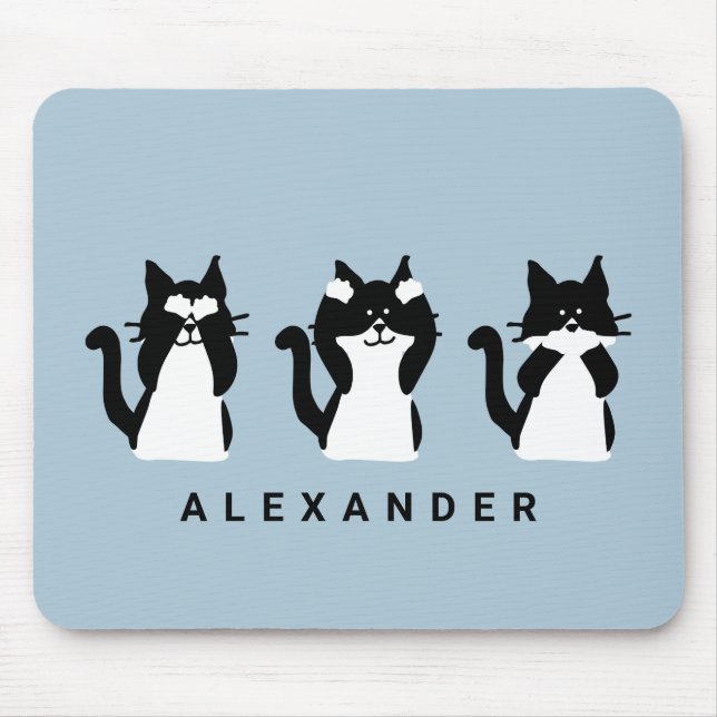 Black White Cats | Three Wise Kitties Light Blue Mouse Mat (Front)