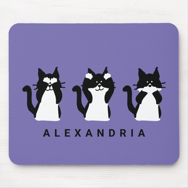 Black White Cats | Three Wise Kitties Purple Mouse Mat (Front)