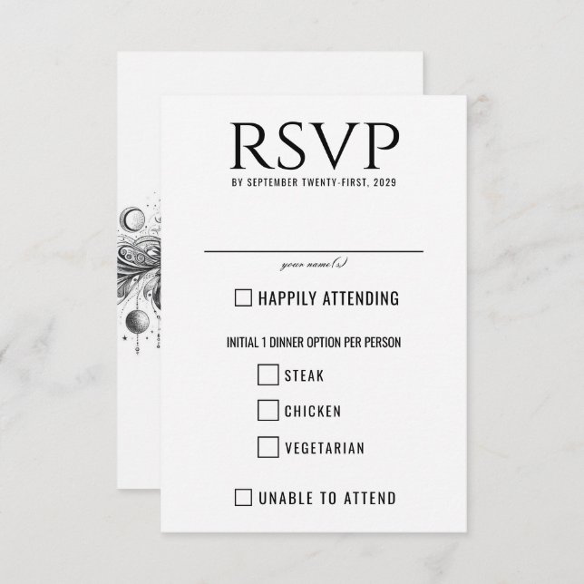 Black & White Celestial Food Choices RSVP Card (Front/Back)