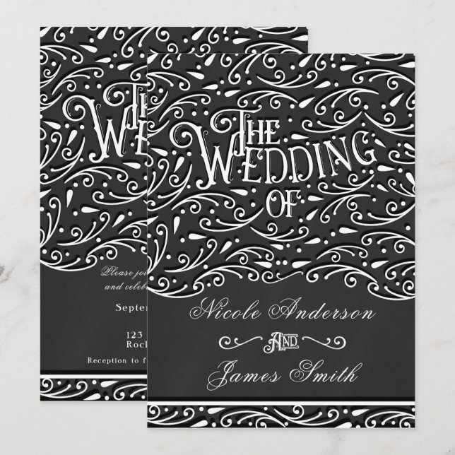 Black & White Chalk Vintage Ornament Wedding Invitation (Front/Back)