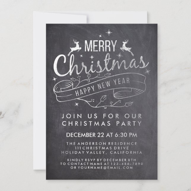 Black White Chalkboard Holly Merry Christmas Party Invitation (Front)