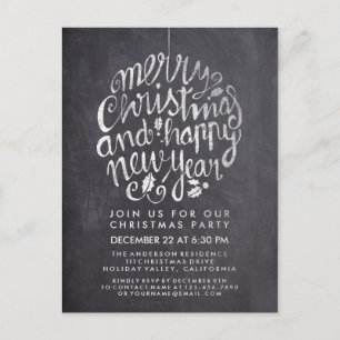 Black White Chalkboard Holly Merry Christmas Party Postcard