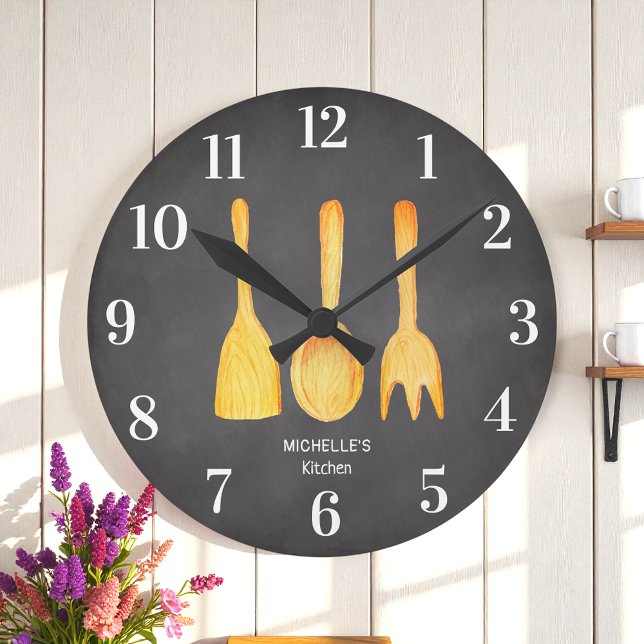 Black White Chalkboard Yellow Utensils Kitchen Round Clock (Creator Uploaded)