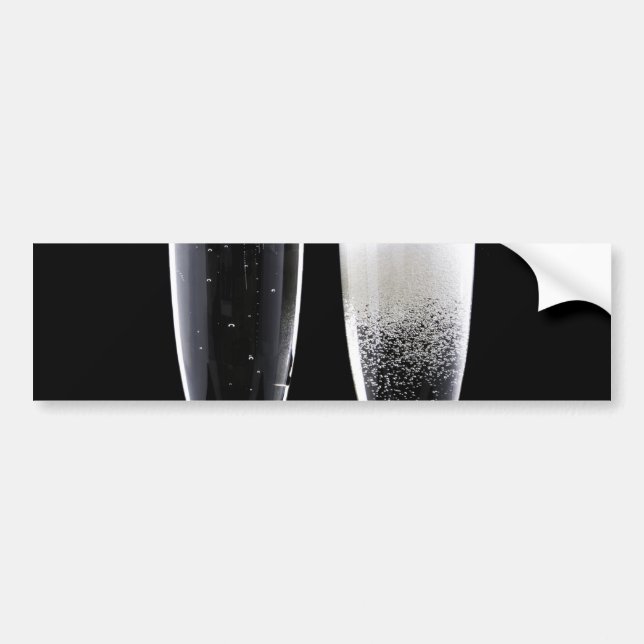 Black White Champagne Bottle Flute Glasses Festive Bumper Sticker (Front)