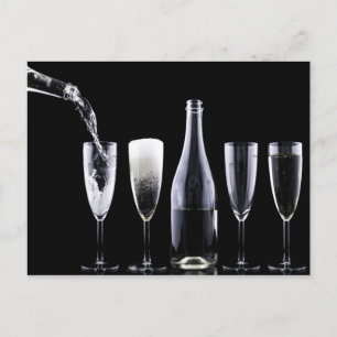 Black White Champagne Bottle Flute Glasses Festive Postcard