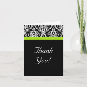 Black/White/Chartreuse Green Damask Thank You Card