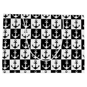 Black White Check Anchor Pattern Design  Large Gift Bag