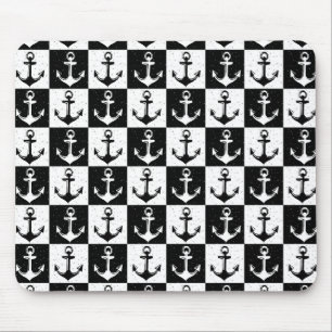 Black White Check Anchor Pattern Design Mouse Mat