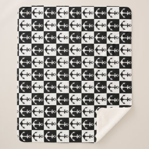 Black White Check Anchor Pattern Design  Sherpa Blanket