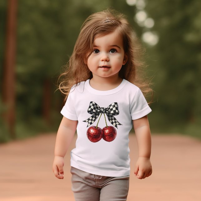 Black & White Check Bow with Cherries Baby T-Shirt (Creator Uploaded)