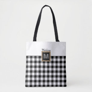 Black & White Check Buffalo Plaid Monogram Classic Tote Bag