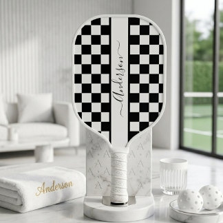 Black + White Check Chequered Monogrammed Pattern Pickleball Paddle