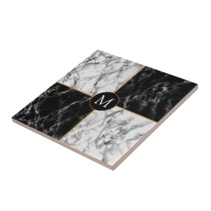 Black White Check Marble Monogram Ceramic Tile