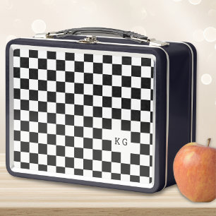 Black & White Check Pattern Monogram Initials Metal Lunch Box