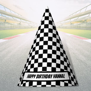 Black White Check Pattern Racing Theme Birthday Party Hat