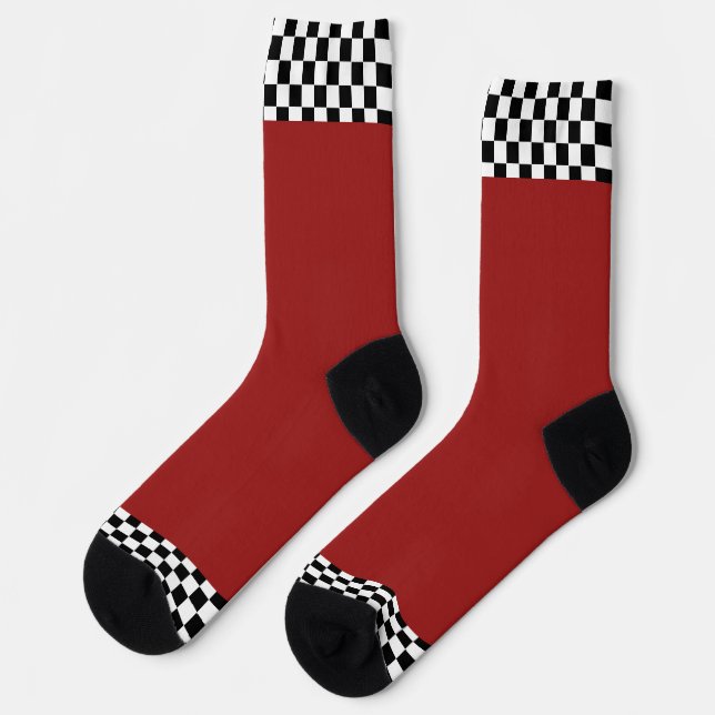 Black + White Check Trim Dk Red   Socks (Left)