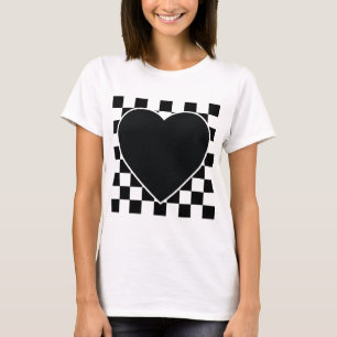 BLACK WHITE CHECKERED HEART LOVE PATTERN FEELINGS T-Shirt
