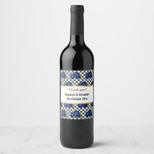 BLACK WHITE CHECKERED PATTERN FLORAL CUSTOM WINE LABEL