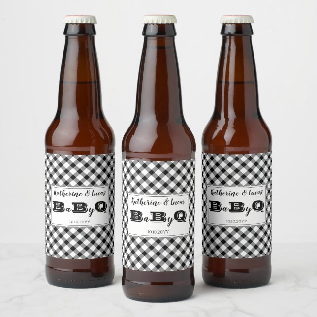Black | White Checks Baby Q BBQ Shower Beer Bottle Label (Bottles)