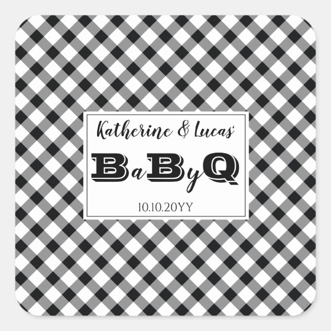 Black | White Checks Baby Q BBQ Shower Square Sticker (Front)
