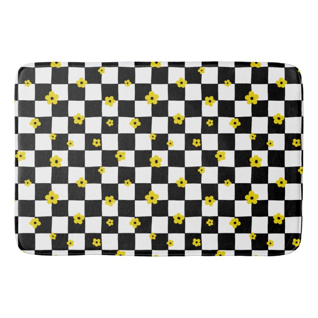 BLACK & WHITE CHECKS WITH TINY YELLOW FLOWERS BATH MAT (Front)