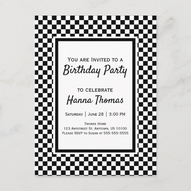 Black White Chequerboard Birthday Invitation Postc Postcard (Front)