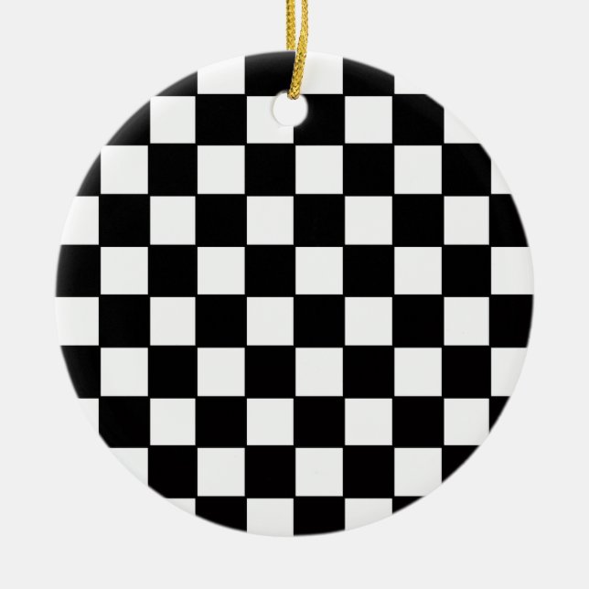 Black & White Chequerboard Custom Ceramic Tree Decoration (Front)