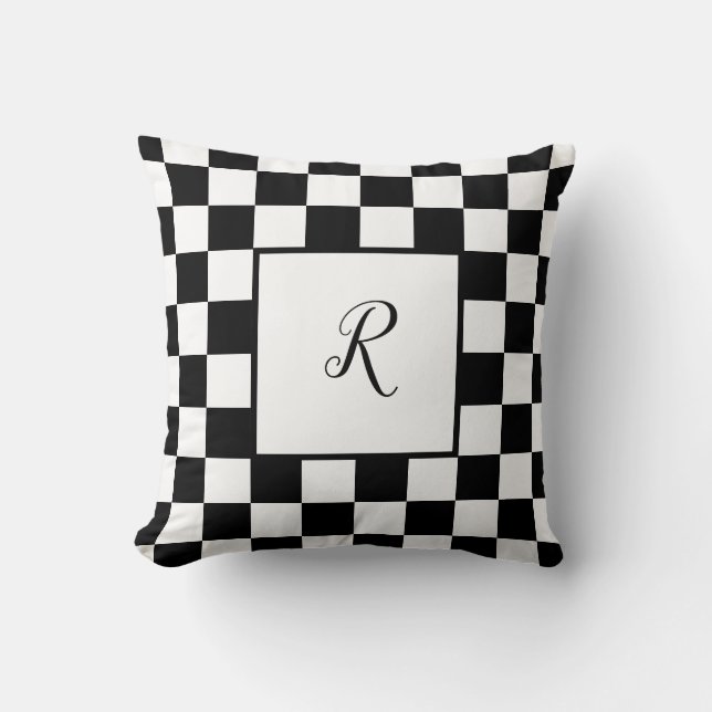 Black & White Chequerboard Design with Monogram Cushion (Front)