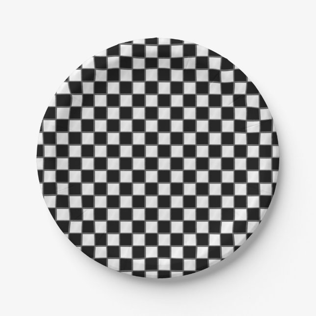 Black & White Chequerboard Pattern Paper Plate (Front)
