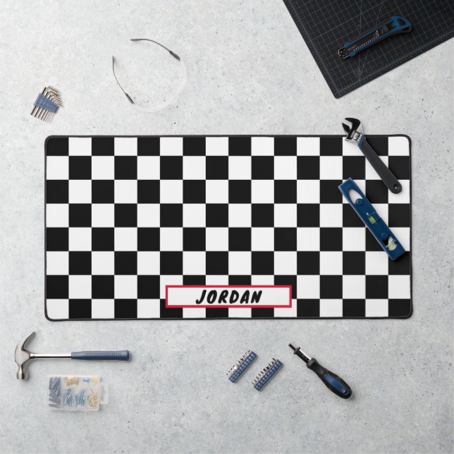 Black White Chequerboard Pattern Personalised Desk Mat (Workstation)