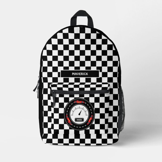 Black White Chequerboard Pattern Race Car Track Printed Backpack (Front)