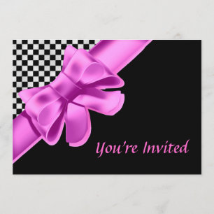 Black & White Chequerboard Pink Bow Invitation