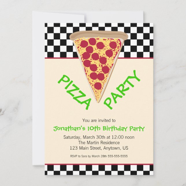 Black & White Chequerboard Pizza Party Invitation (Front)