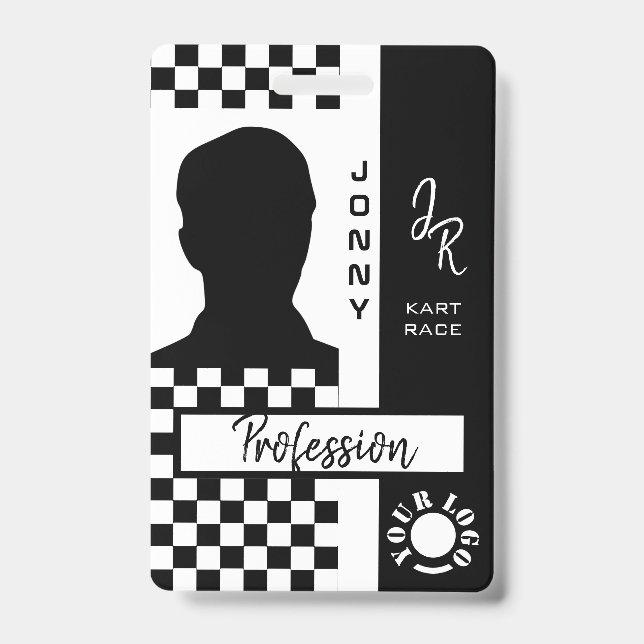 Black White Chequerboard Racing Flag Line Racing ID Badge (Front)