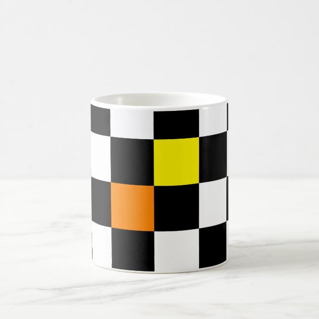 Black, White Chequerboard with Yellow Orange Colou Coffee Mug (Center)