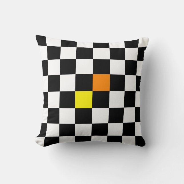 Black, White Chequerboard with Yellow Orange Colou Cushion (Front)