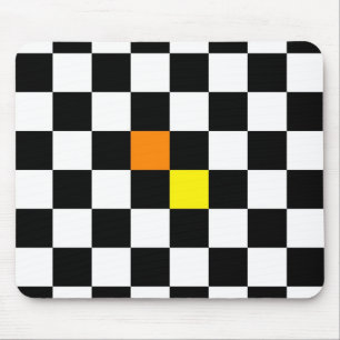 Black, White Chequerboard with Yellow Orange Mouse Mat