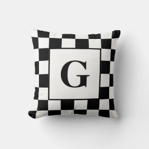 Black White Chequered Border Pattern with Monogram Cushion