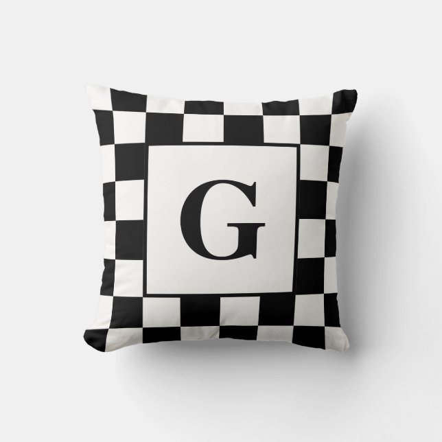 Black White Chequered Border Pattern with Monogram Cushion (Front)