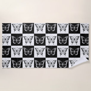 Black White Chequered Butterfly Design  Beach Towel