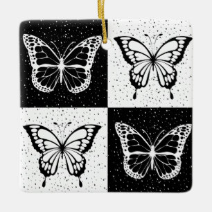 Black White Chequered Butterfly Design Ceramic Ornament