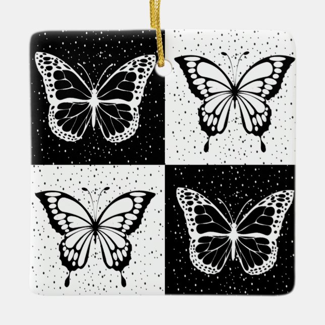 Black White Chequered Butterfly Design  Ceramic Ornament (Front)